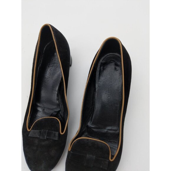 LOUIS VUITTON Womens Pump SZ 35 Leather Suede Kitten Block Heel Black Round Toe - Picture 10 of 14